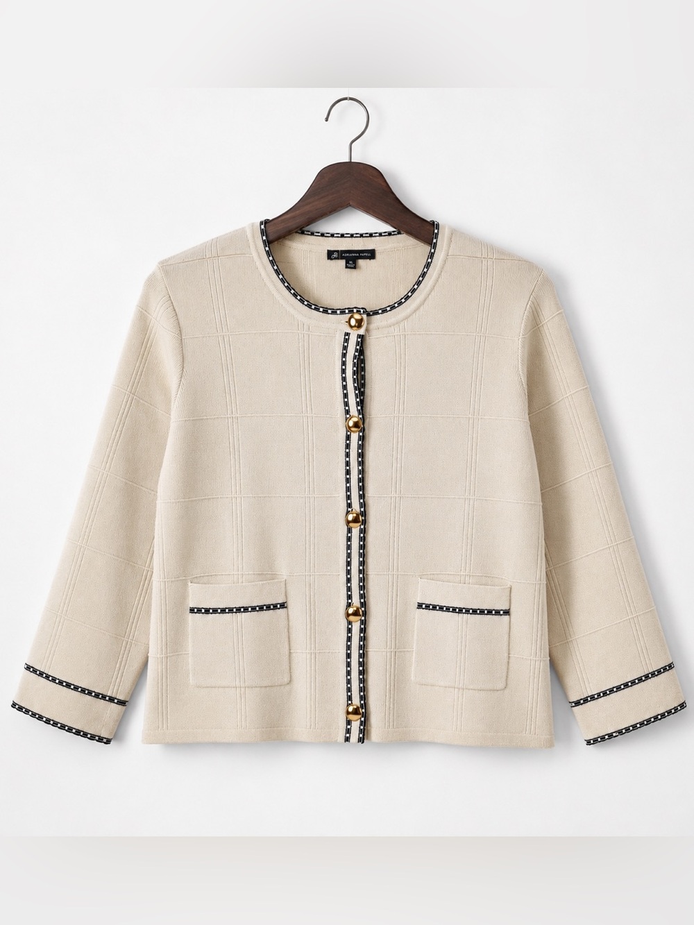 Adrianna Papell Cream Contrast Trim Gold Button Knit Cardigan S